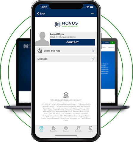Novus Home Mortgage App on phone with laptop behind it